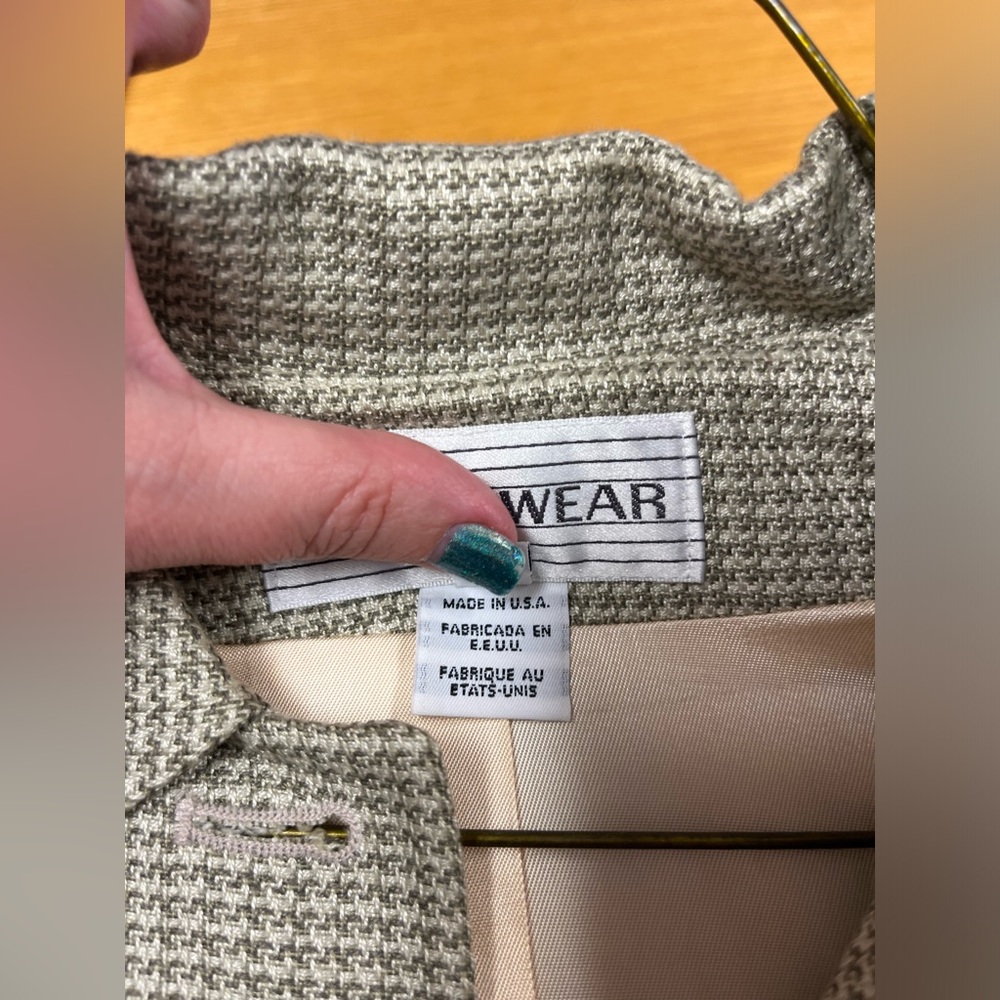 Jones Wear Women Houndstooth Long Sleeve Shoulder Pads Sage Green Jacket Size 14 - Picture 3 of 11